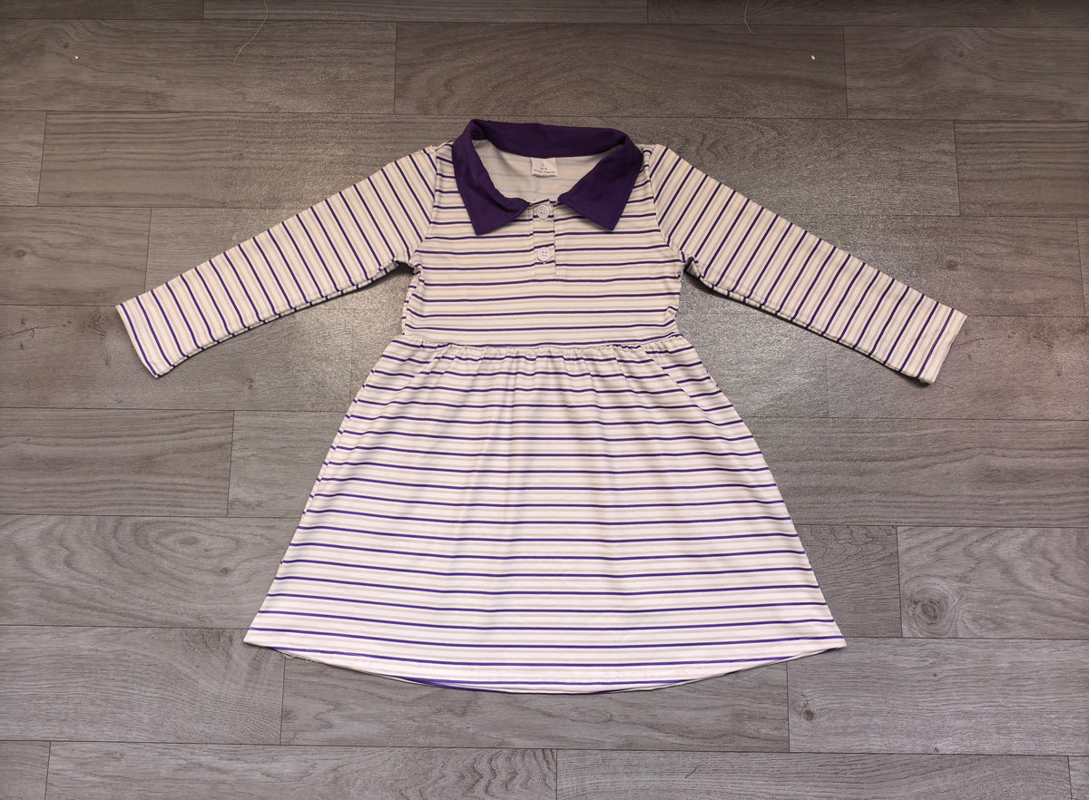Sample-Real Pics GLD1757 Baby Girl Clothes Purple White Striped Print Long Sleeve Collared Polo Dress