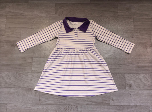 Sample-Real Pics GLD1757 Baby Girl Clothes Purple White Striped Print Long Sleeve Collared Polo Dress