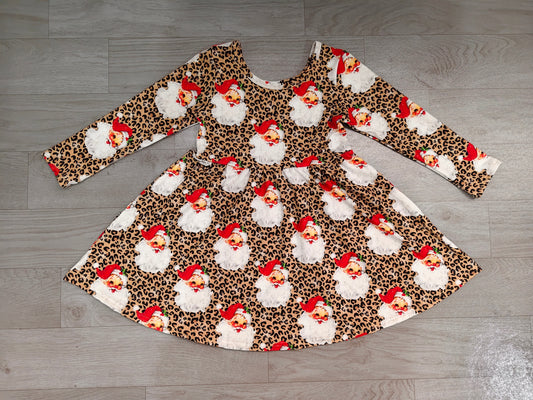 Sample-Real Pics GLD1761 Baby Girl Clothes Leopard Santa Claus Print Long Sleeve Dress