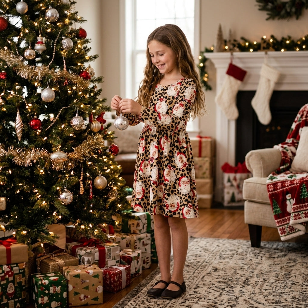 NO MOQ RTS GLD1761 Baby Girl Clothes Leopard Santa Mixed Print Long Sleeve Twirl Dress 202610