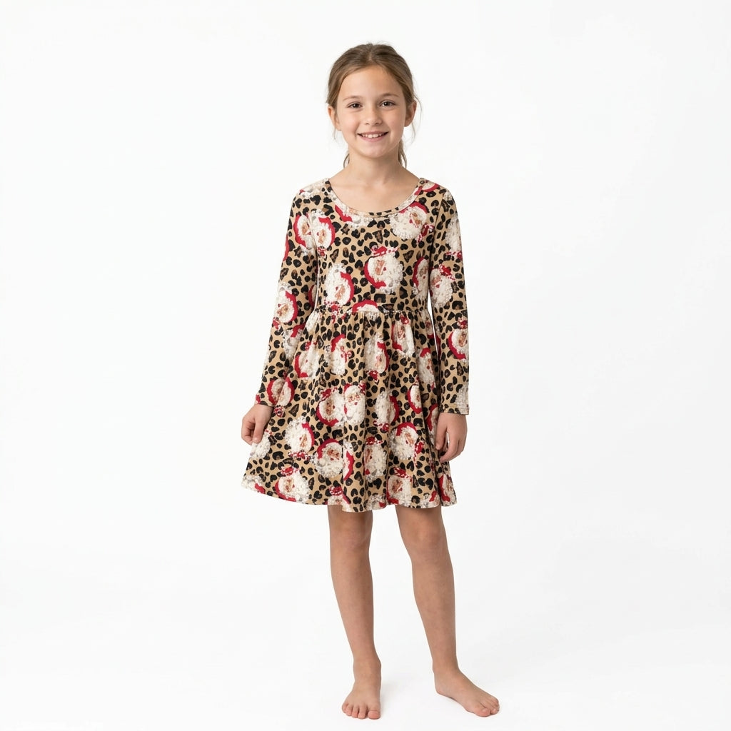 NO MOQ RTS GLD1761 Baby Girl Clothes Leopard Santa Mixed Print Long Sleeve Twirl Dress 202610