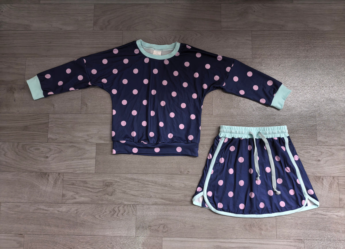 Sample-Real Pics GLD1762 (1) Baby Girl Clothes Polka Dot Print Long Sleeve Top Skort Outfit Set