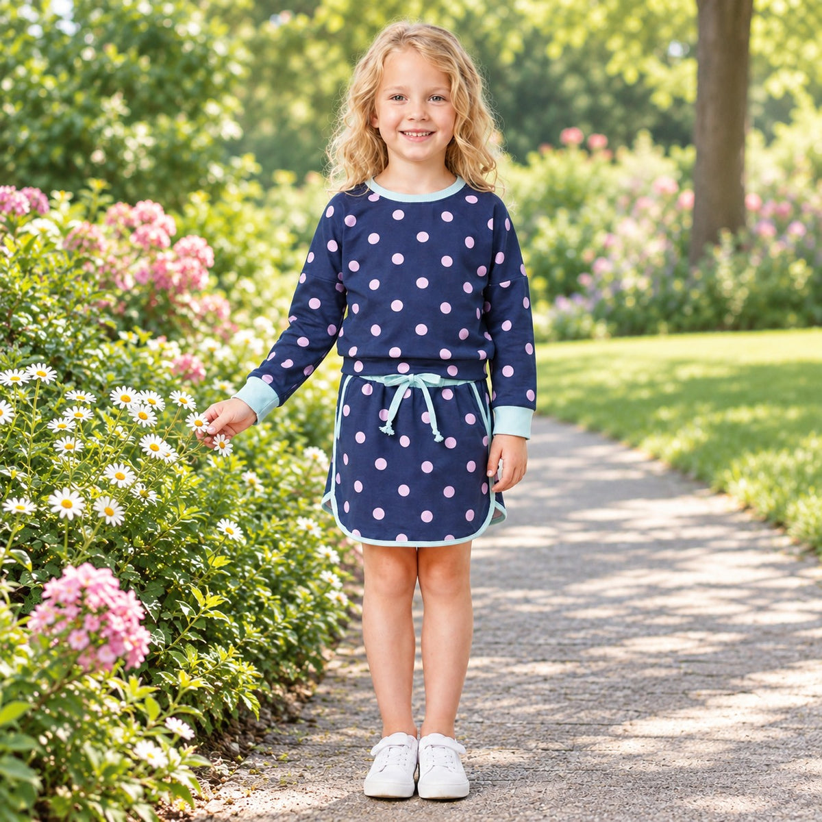 NO MOQ RTS GLD1762 (2) Baby Girl Clothes Navy Blue Pink Polka Dot Print Long Sleeve Top Skort Set 202609
