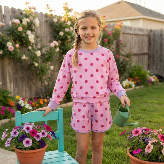 NO MOQ RTS GLD1763(2) Baby Girl Clothes Pink Polka Dot Print Long Sleeve Top Skort Outfit Set 202609