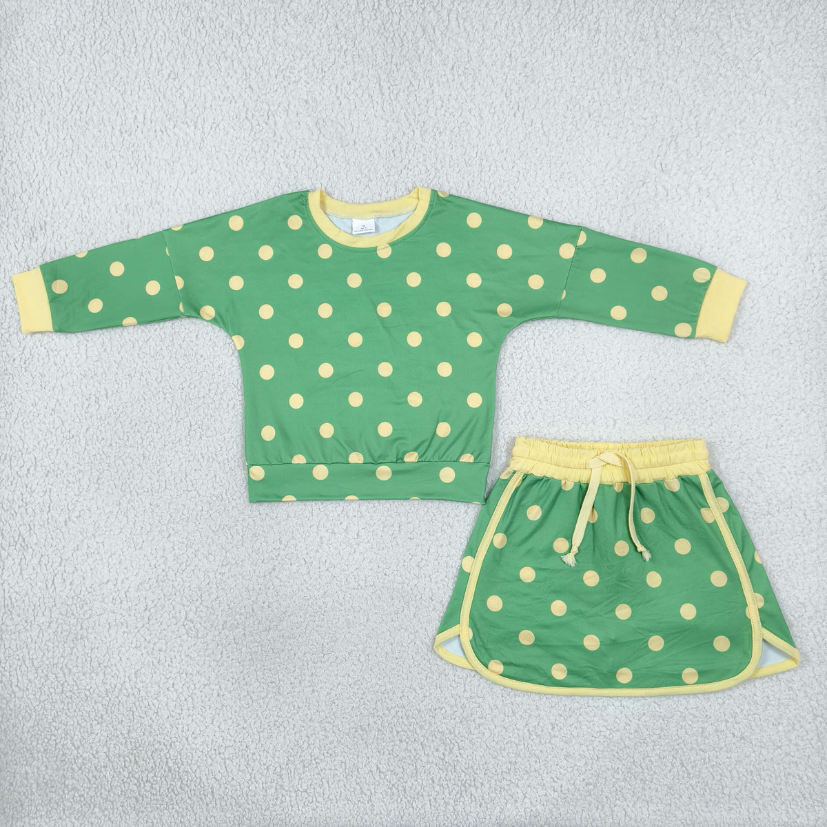 NO MOQ RTS GLD1764(1) Baby Girl Clothes Green Yellow Polka Dot Print Long Sleeve Top Skort Set 202610