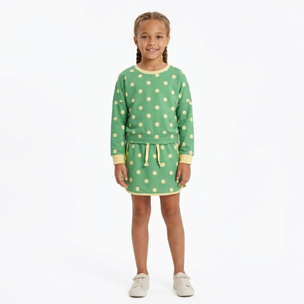 NO MOQ RTS GLD1764(1) Baby Girl Clothes Green Yellow Polka Dot Print Long Sleeve Top Skort Set 202610