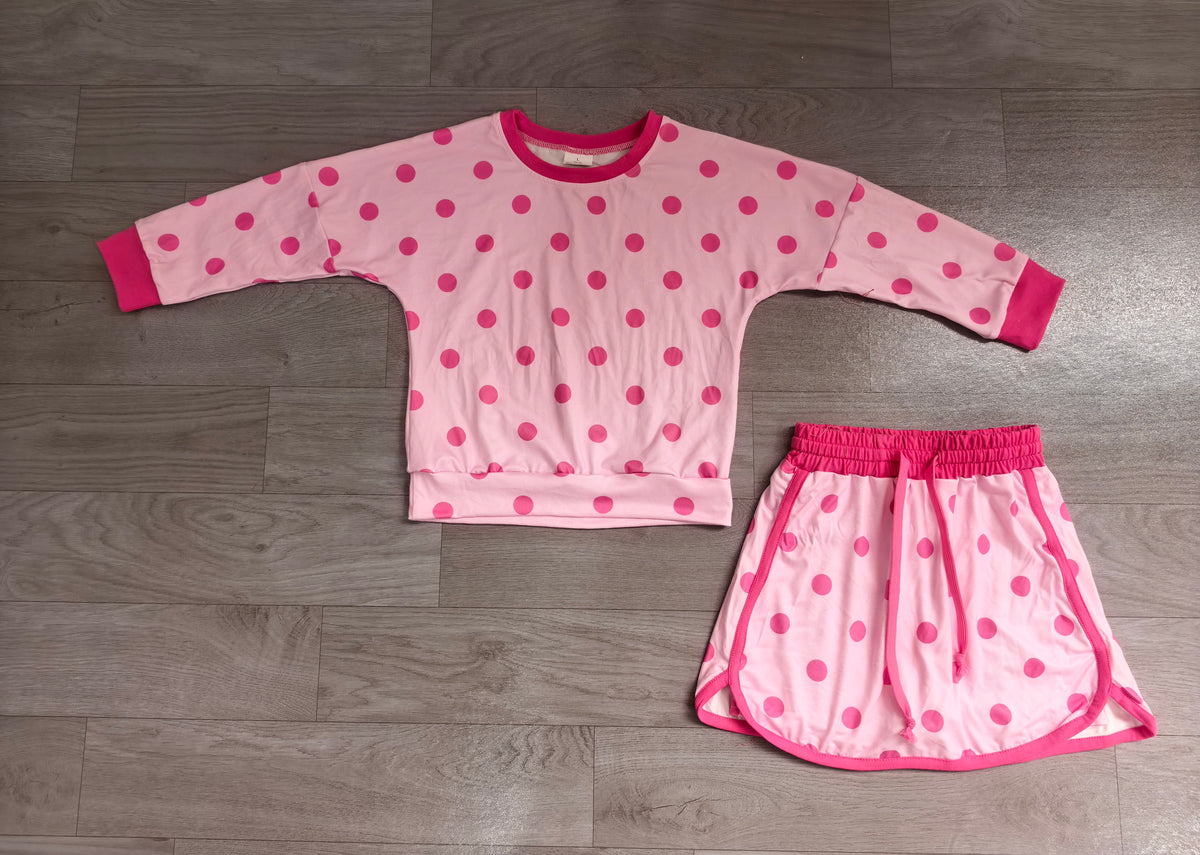 Sample-Real Pics GLD1765 (1) Baby Girl Clothes Polka Dot Print Long Sleeve Top Skort Outfit Set