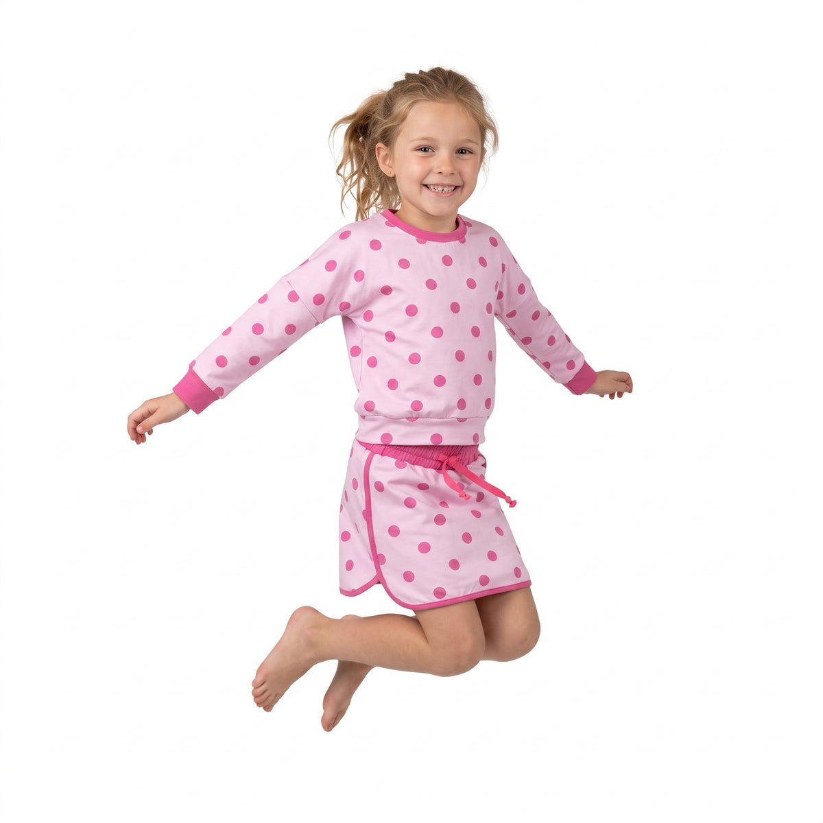 NO MOQ RTS GLD1765(1) Baby Girl Clothes Pink Polka Dot Full Print Long Sleeve Top Skort Outfit Set 202609