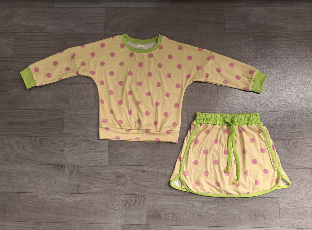 Sample-Real Pics GLD1766 (1) Baby Girl Clothes Polka Dot Print Long Sleeve Top Skort Outfit Set