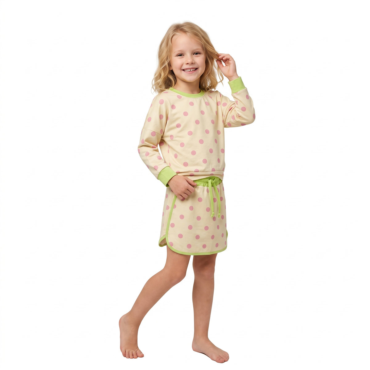 NO MOQ RTS GLD1766 Baby Girl Clothes Cream Pink Polka Dot Full Print Long Sleeve Top Skort Outfit Set 202609