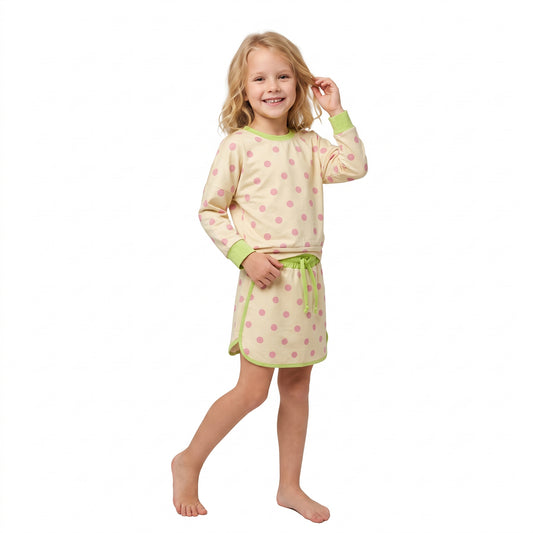 NO MOQ RTS GLD1766 Baby Girl Clothes Cream Pink Polka Dot Full Print Long Sleeve Top Skort Outfit Set 202609