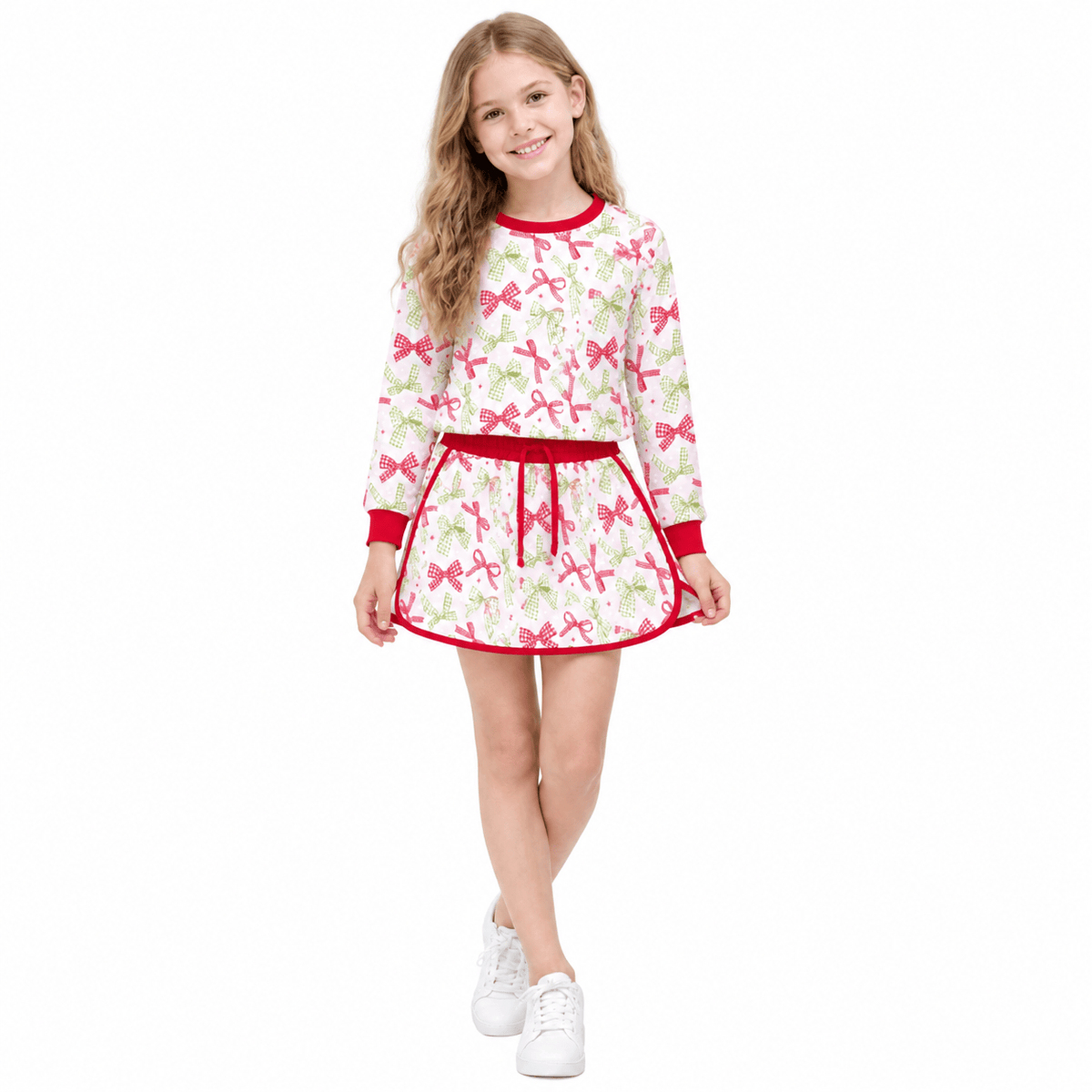 NO MOQ RTS GLD1774 Baby Girl Clothes Red Green Bow Mixed Print Long Sleeve Skort Set 202610