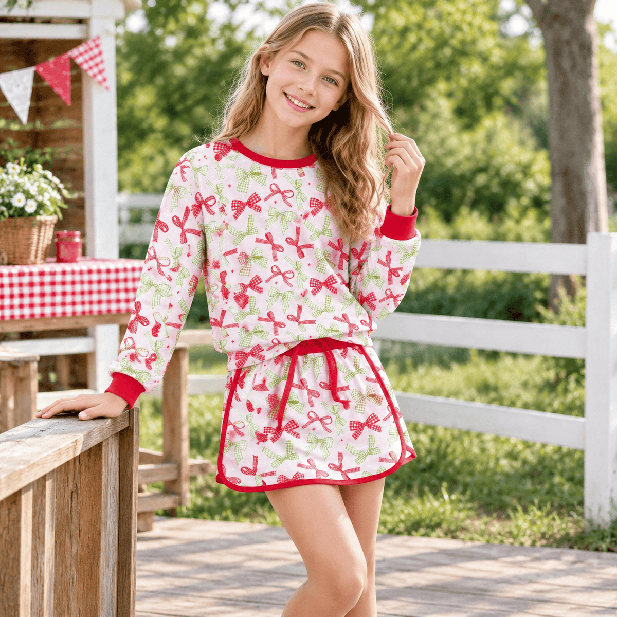 NO MOQ RTS GLD1774 Baby Girl Clothes Red Green Bow Mixed Print Long Sleeve Skort Set 202610
