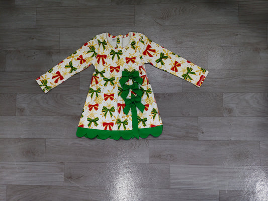 Sample-Real Pics GLD1781 Baby Girl Clothes Christmas Bow Snowflake Print Long Sleeve Ruffle Dress