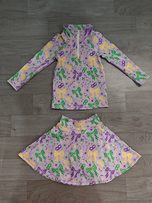 ample-Real Pics GLD1792 Baby Girl Clothes Mardi Gras Bow Mask Fleur De Lis Print Long Sleeve Quarter Zip Top Skort Set