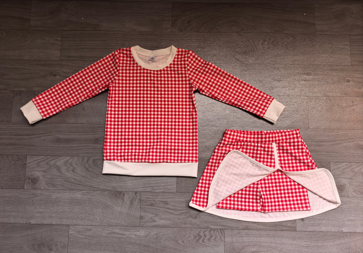 Sample-Real Pics GLD1797 Baby Girl Clothes Red Gingham Plaid Print Long Sleeve Top And Skort Set