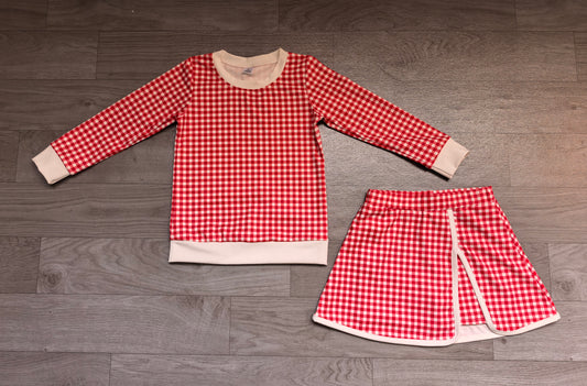 Sample-Real Pics GLD1797 Baby Girl Clothes Red Gingham Plaid Print Long Sleeve Top And Skort Set