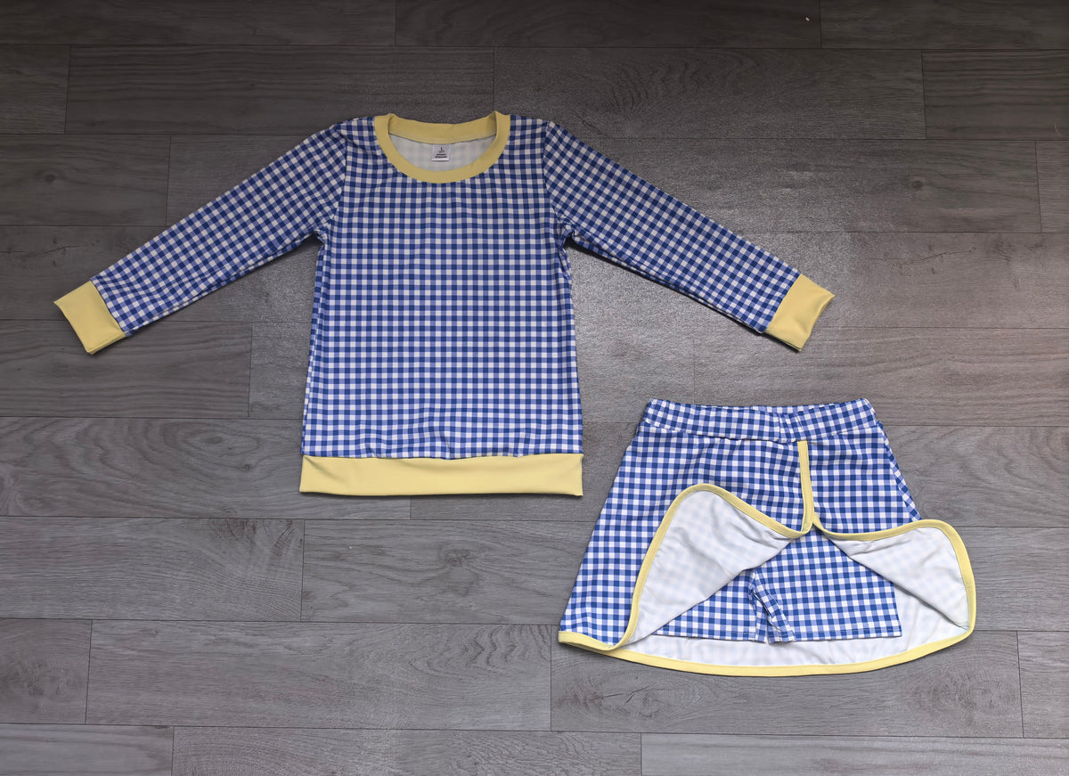Sample-Real Pics GLD1798 Baby Girl Clothes Blue Gingham Plaid Print Long Sleeve Top Skort Set