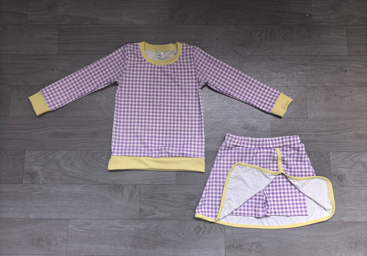 Sample-Real Pics GLD1799 Baby Girl Clothes Purple Gingham Plaid Print Long Sleeve Top Skort Set