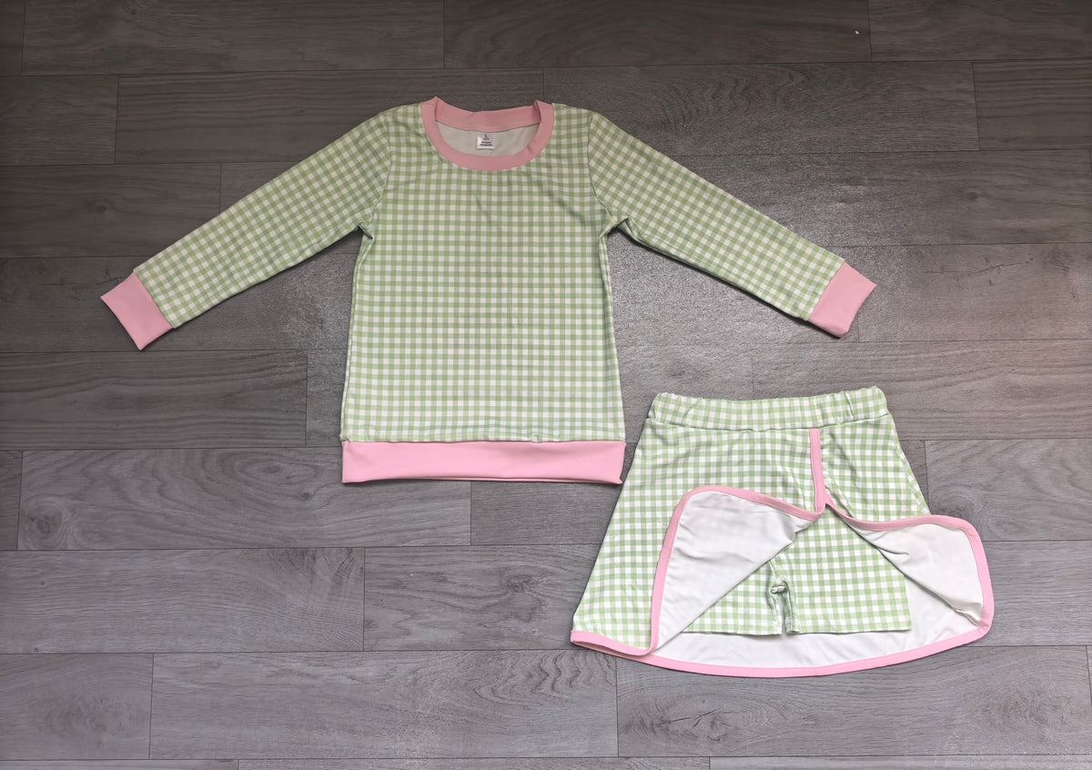 Sample-Real Pics GLD1800 Baby Girl Clothes Green Gingham Plaid Print Long Sleeve Top Skort Set