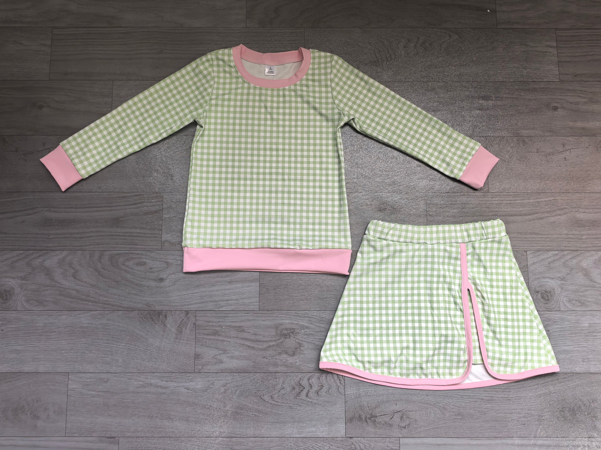 Sample-Real Pics GLD1800 Baby Girl Clothes Green Gingham Plaid Print Long Sleeve Top Skort Set
