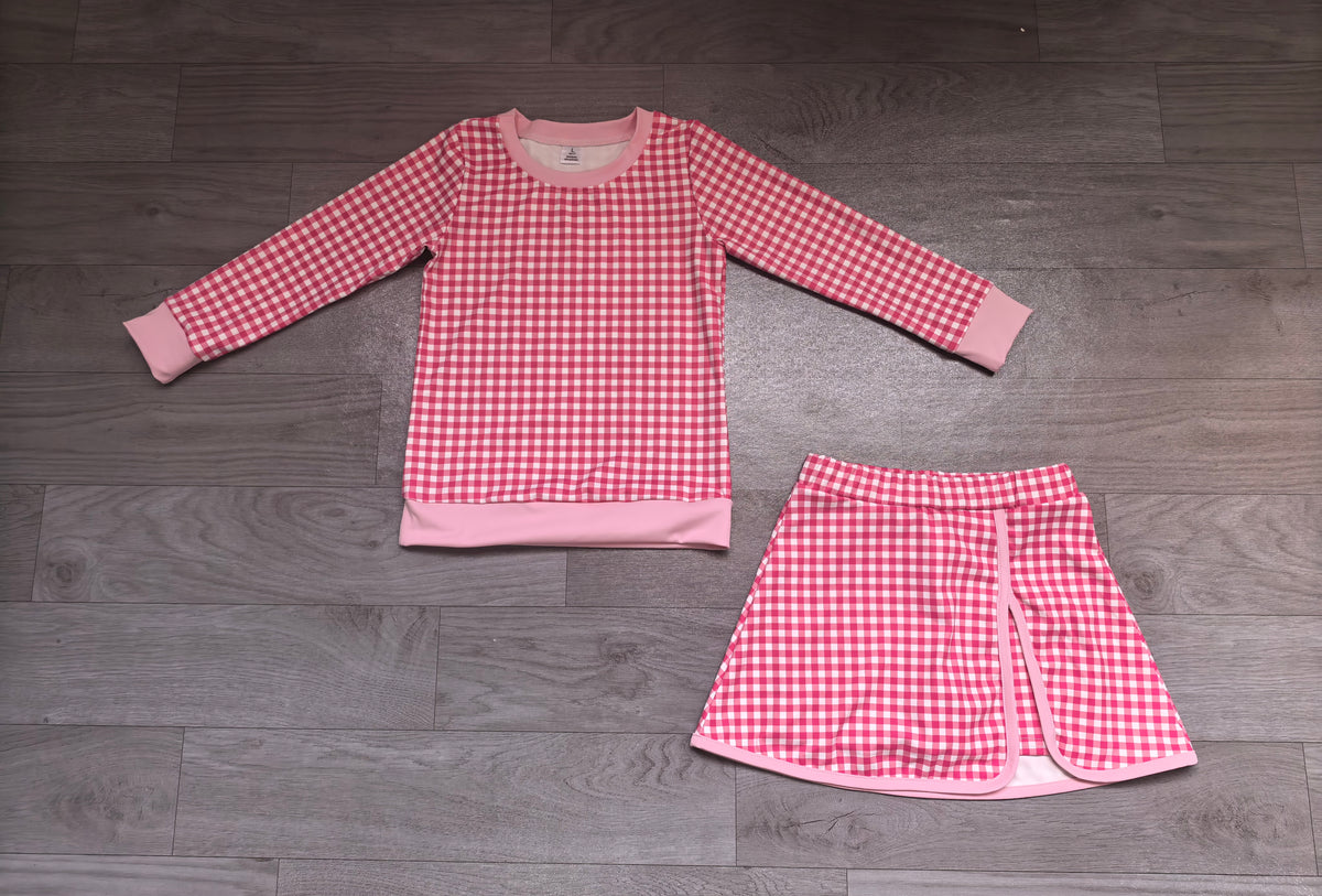 Sample-Real Pics GLD1801 Baby Girl Clothes Red Gingham Plaid Print Long Sleeve Top Skort Set