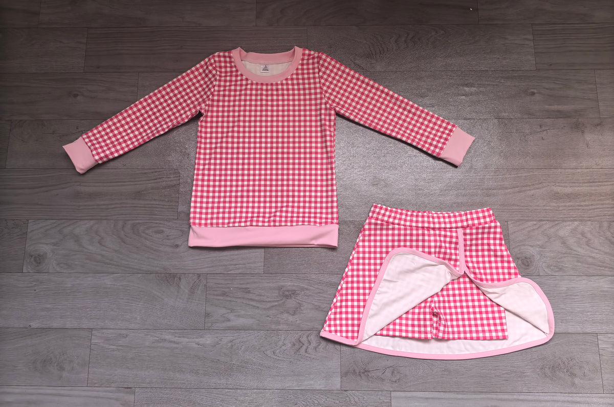 Sample-Real Pics GLD1801 Baby Girl Clothes Red Gingham Plaid Print Long Sleeve Top Skort Set