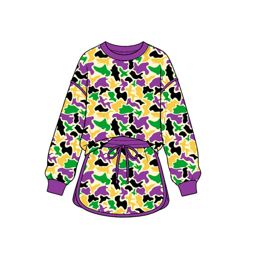Preorder GLD1822 Baby Girl Clothes Carnival Mardi Gras Duck Camo Print Long-sleeve Sweatshirt Dress