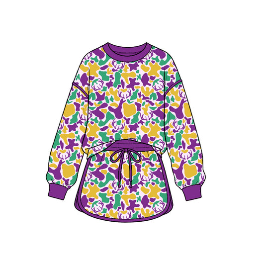 Preorder GLD1823 Baby Girl Clothes Mardi Carnival Gras Deer Camo Print Long‑sleeve Sweatshirt Dress