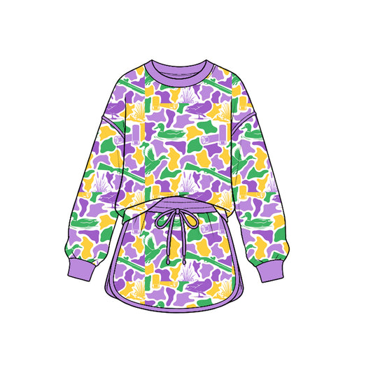 Preorder GLD1824 Baby Girl Clothes Carnival Mardi Gras Hunting Duck Camo Print Long-sleeve Sweatshirt Dress