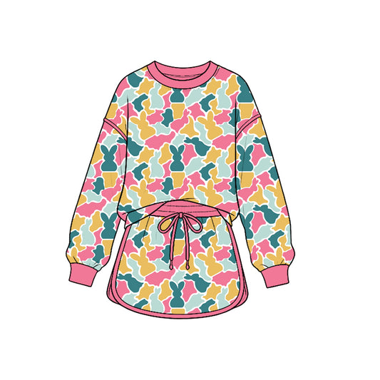 Preorder GLD1825 Baby Girl Clothes Easter Carnival Bunny Camo Print Long‑sleeve Sweatshirt Dress