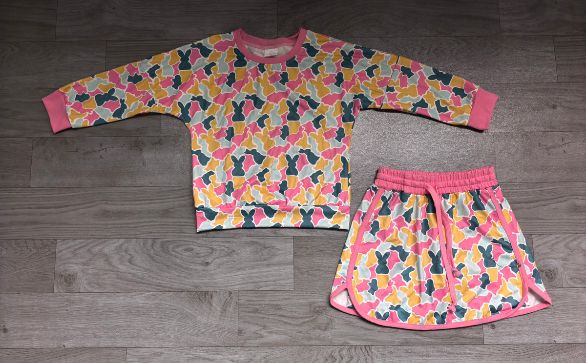 Sample-Real Pics GLD1825 Baby Girl Clothes Easter Bunny Camo Allover Print Long Sleeve Top Skort Set