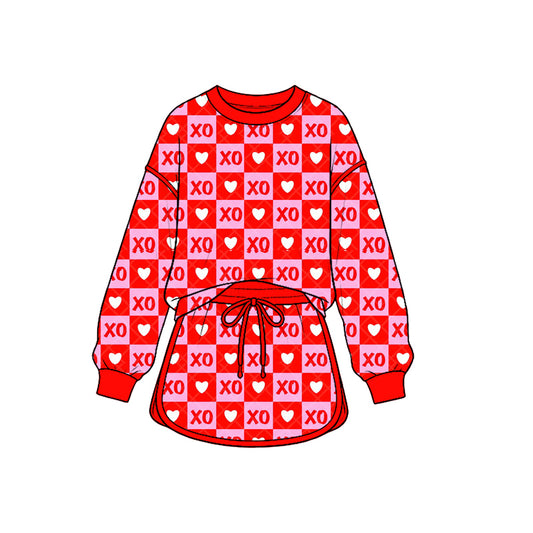 Preorder GLD1826 Baby Girl Clothes Valentine XO Heart Checkerboard Print Long-sleeve Sweatshirt Dress