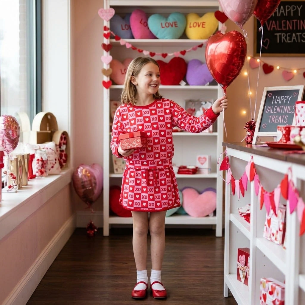 NO MOQ RTS GLD1826 Baby Girl Clothes Valentine XO Heart Checker Print Long Sleeve Top Skort Set 202610