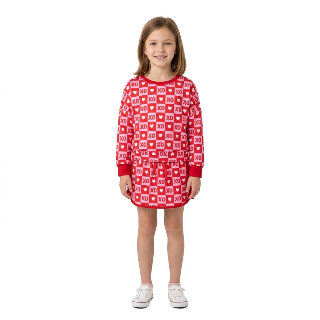 NO MOQ RTS GLD1826 Baby Girl Clothes Valentine XO Heart Checker Print Long Sleeve Top Skort Set 202610