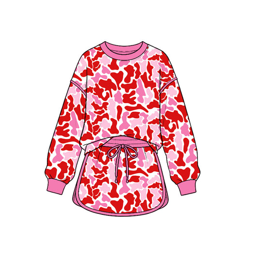 Preorder GLD1827 Baby Girl Clothes Valentine Heart Camo Print Long‑sleeve Sweatshirt Dress