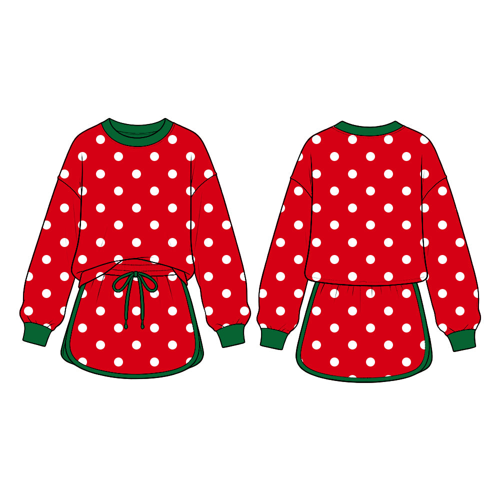 Preorder (moq 5) GLD1832 Baby Girl Clothes Christmas Red White Polka Dot Print Long Sleeve Top Skort Set