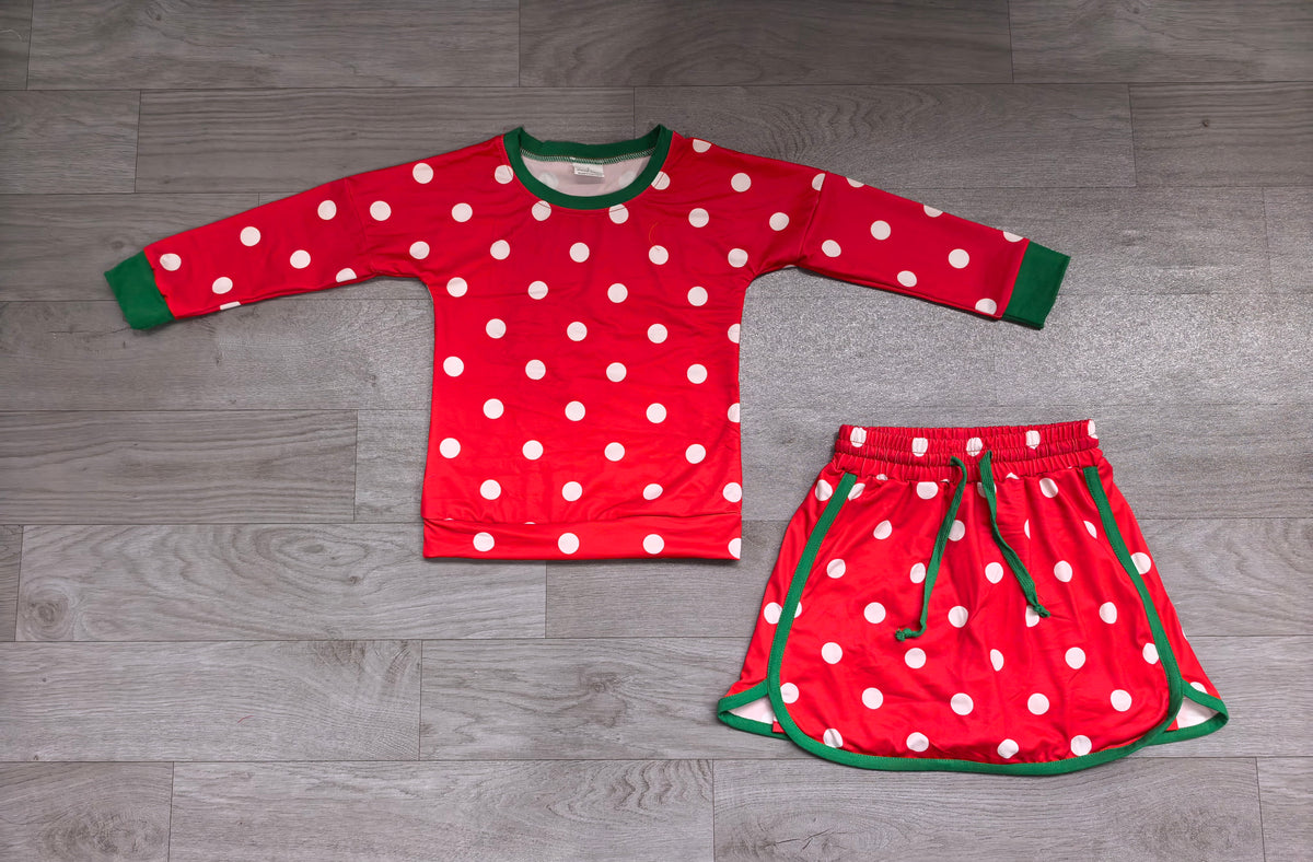 Sample-Real Pics GLD1832 (1) Baby Girl Clothes Christmas Red Polka Dot Print Long Sleeve Top And Skirt Set