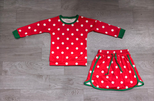 Sample-Real Pics GLD1832 (1) Baby Girl Clothes Christmas Red Polka Dot Print Long Sleeve Top And Skirt Set