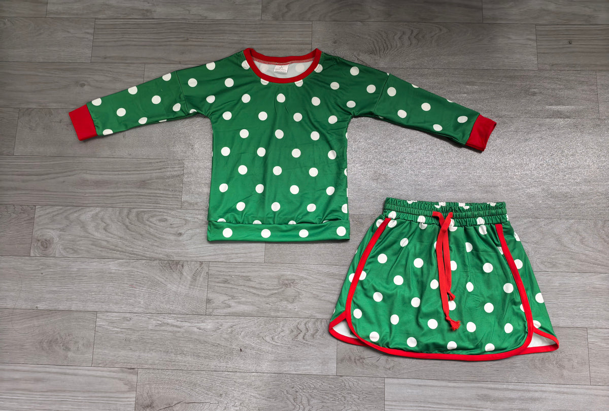 Sample-Real Pics GLD1833 (1) Baby Girl Clothes Christmas Green Polka Dot Print Long Sleeve Top And Skirt Set