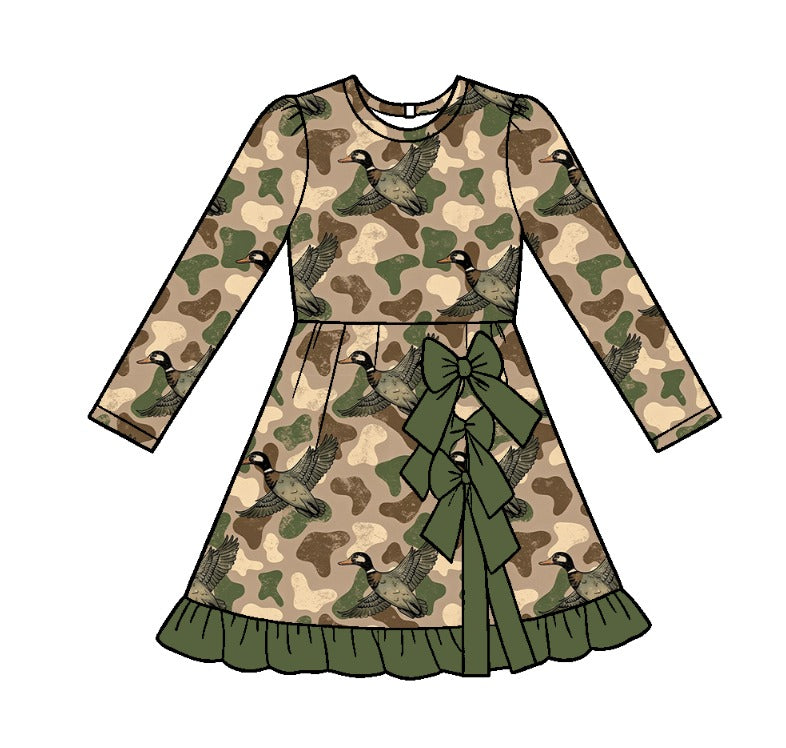 Preorder (moq 5) GLD1837 Baby Girl Clothes Hunting Camo Print Long Sleeve Ruffle Dress