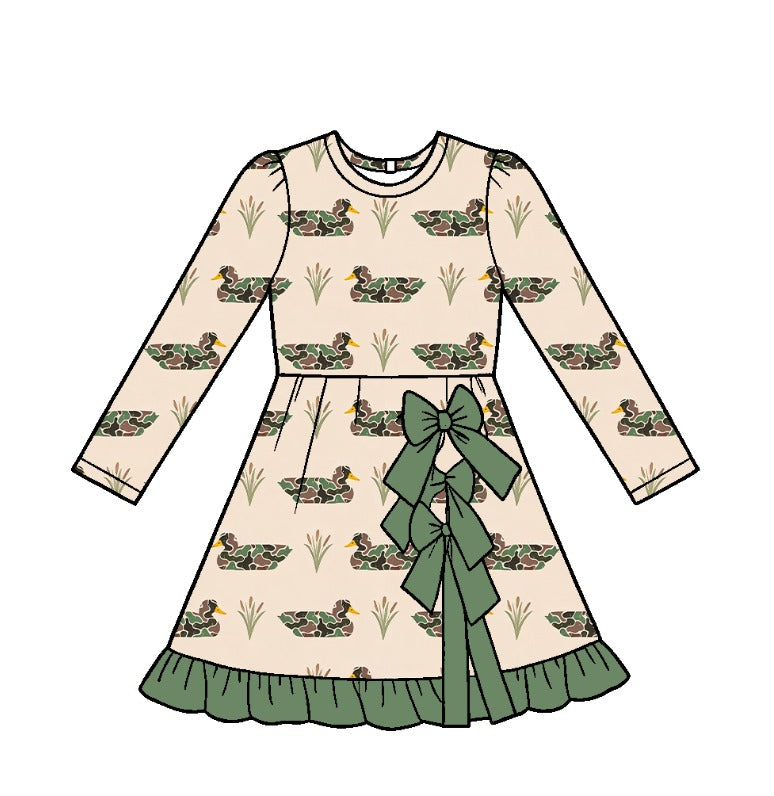 Preorder (moq 5) GLD1838 Baby Girl Clothes Duck Hunting Print Long Sleeve Ruffle Dress