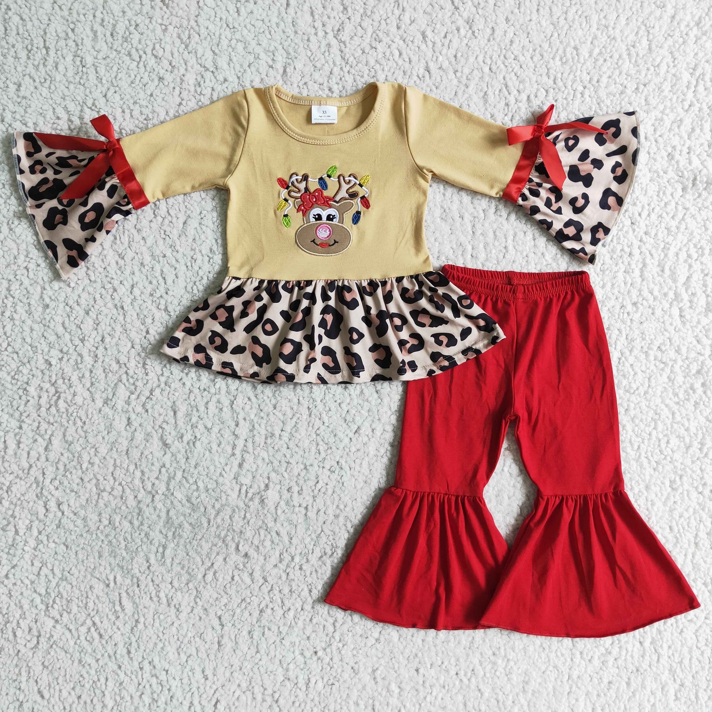 GLP0011 RTS yellow flare bow leopard sleeves dress top embroidery deer red pants girl outfit RTS