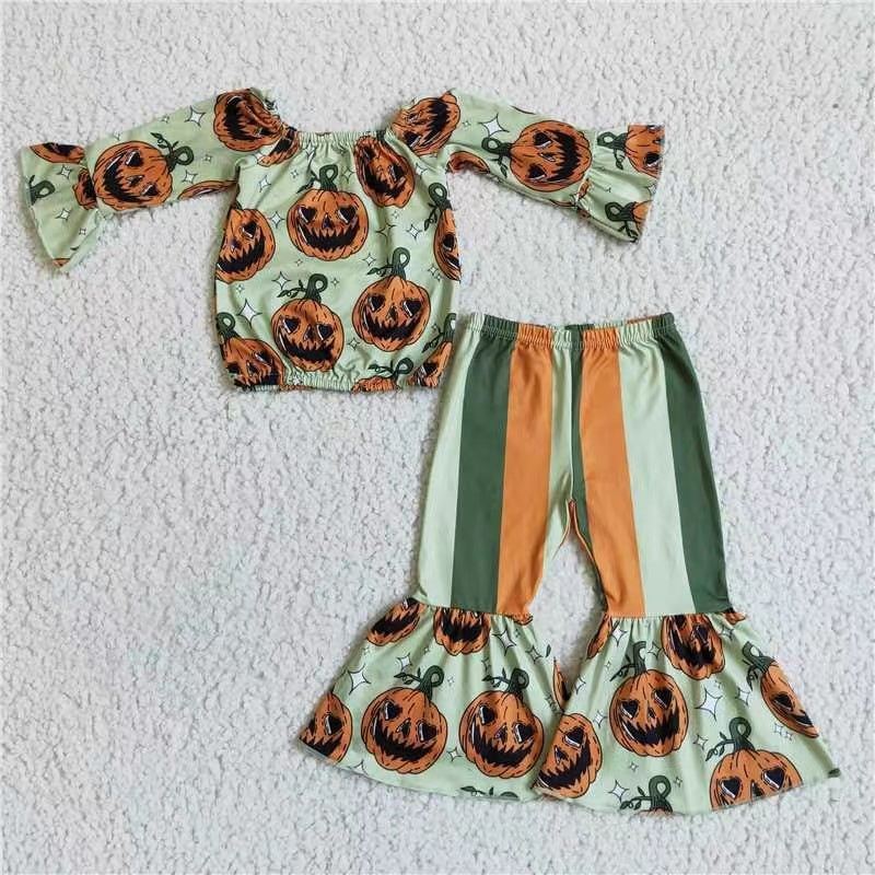 202410 Promotion  GLP0023 RTS halloween off shoulder orange green pumpkin bell pants girl outfit 20230511