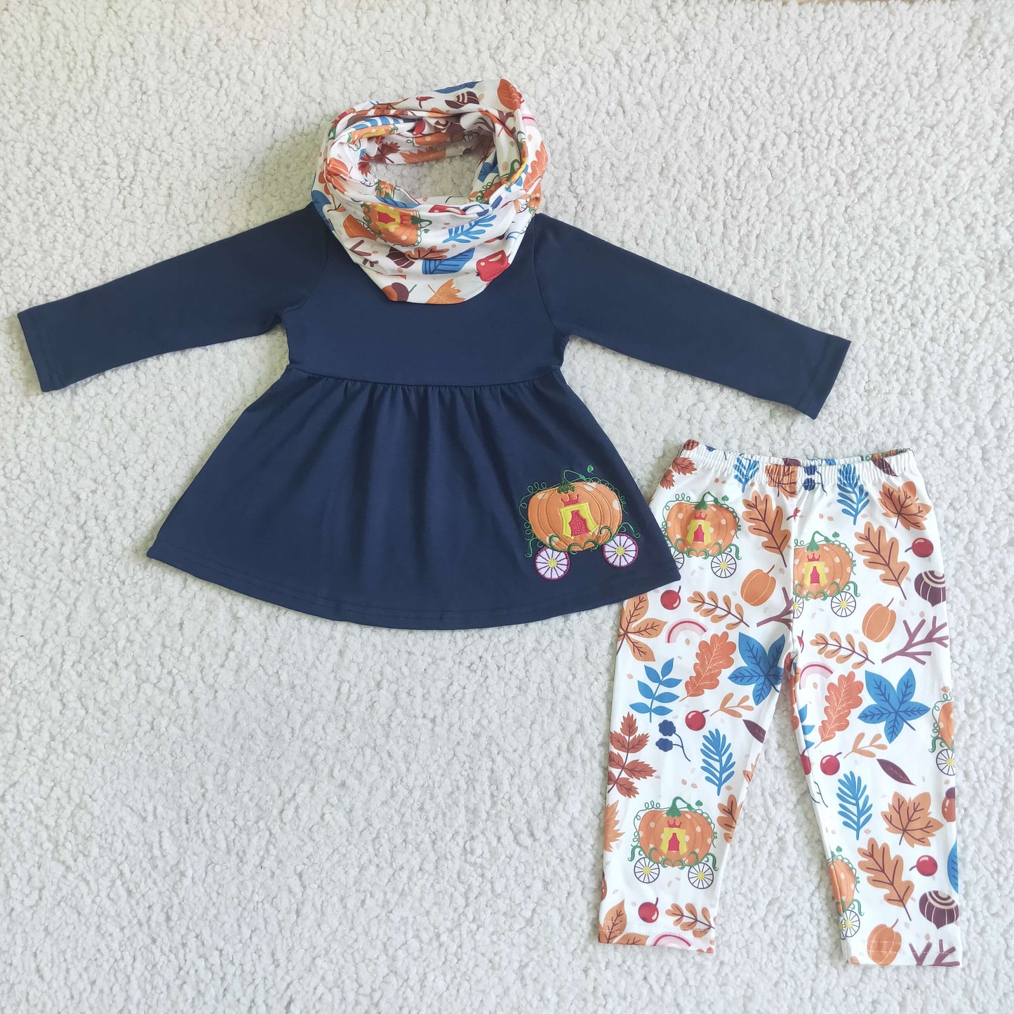 GLP0051 RTS (choose Scarf below) 3pcs blue long sleeve top embroidery pumpkin floral legging girl outfit halloween 20230606 rts