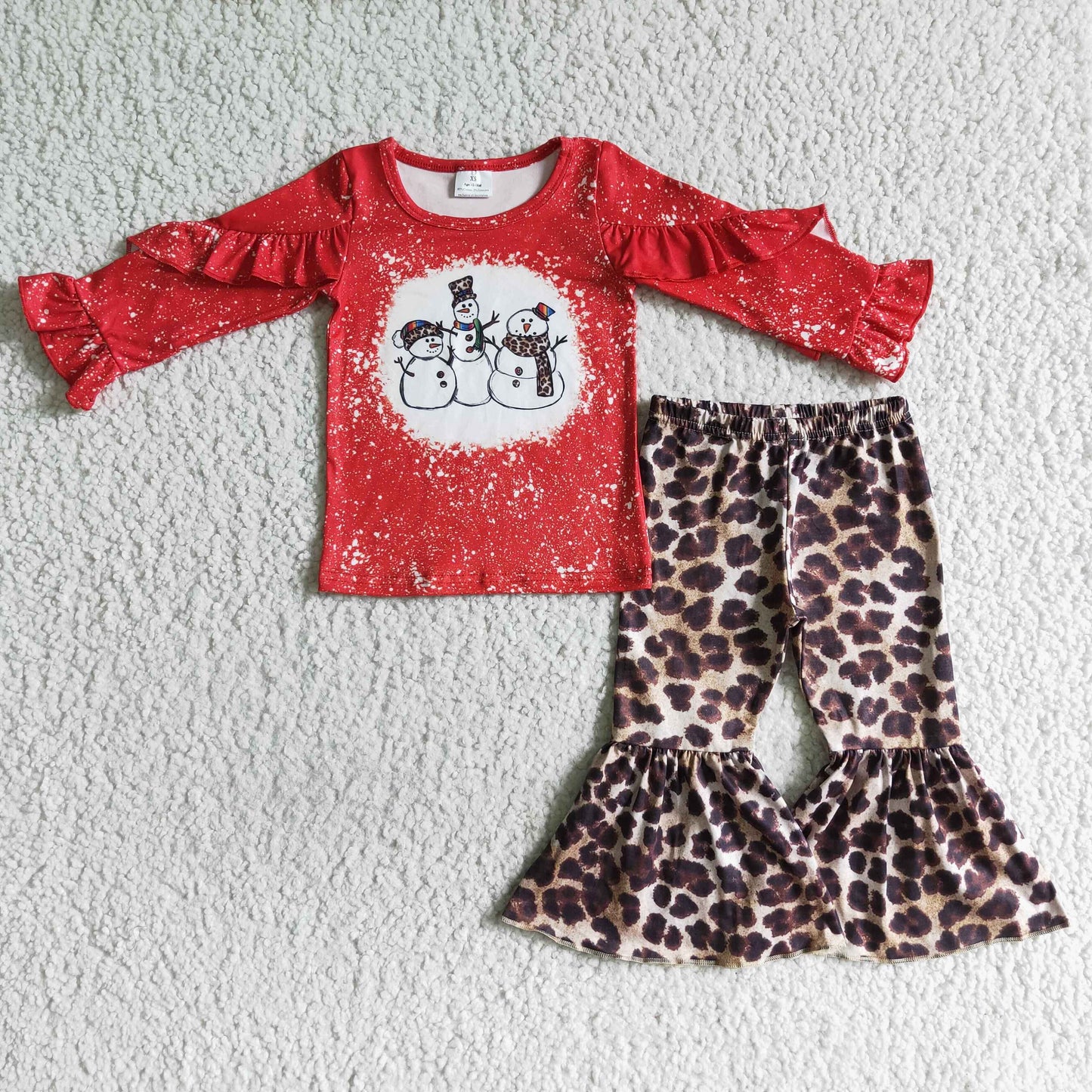 promotion GLP0103 Christmas red cartoon snowman ruffle long sleeve leopard bell bottom girl outfits 20230622