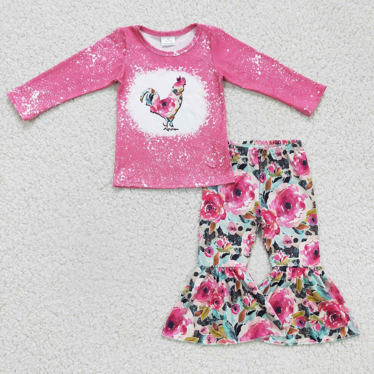 promotion GLP0110 chicken pink flower long sleeve long bell bottom pants girl outfit RTS 202409