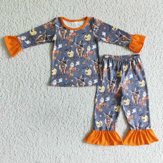 GLP0111  Promotion 202410 RTS halloween pumpkin moon long sleeve orange long pajamas girl outfit（复制）