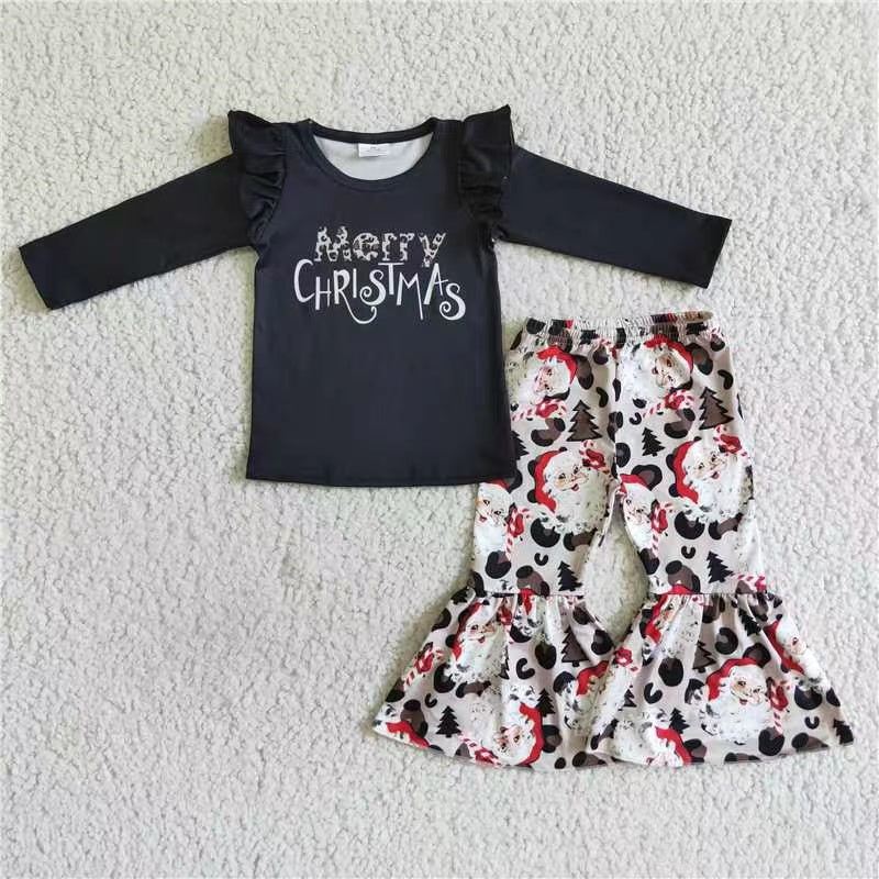 GLP0150 RTS Merry Christmas Santa girl black long sleeve top leopard bell bottom pants girl outfit 20230527 RTS