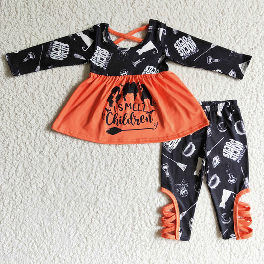 GLP0158 puffy long sleeve halloween orange witch smell children pumkin bell pants girl outfit 1009